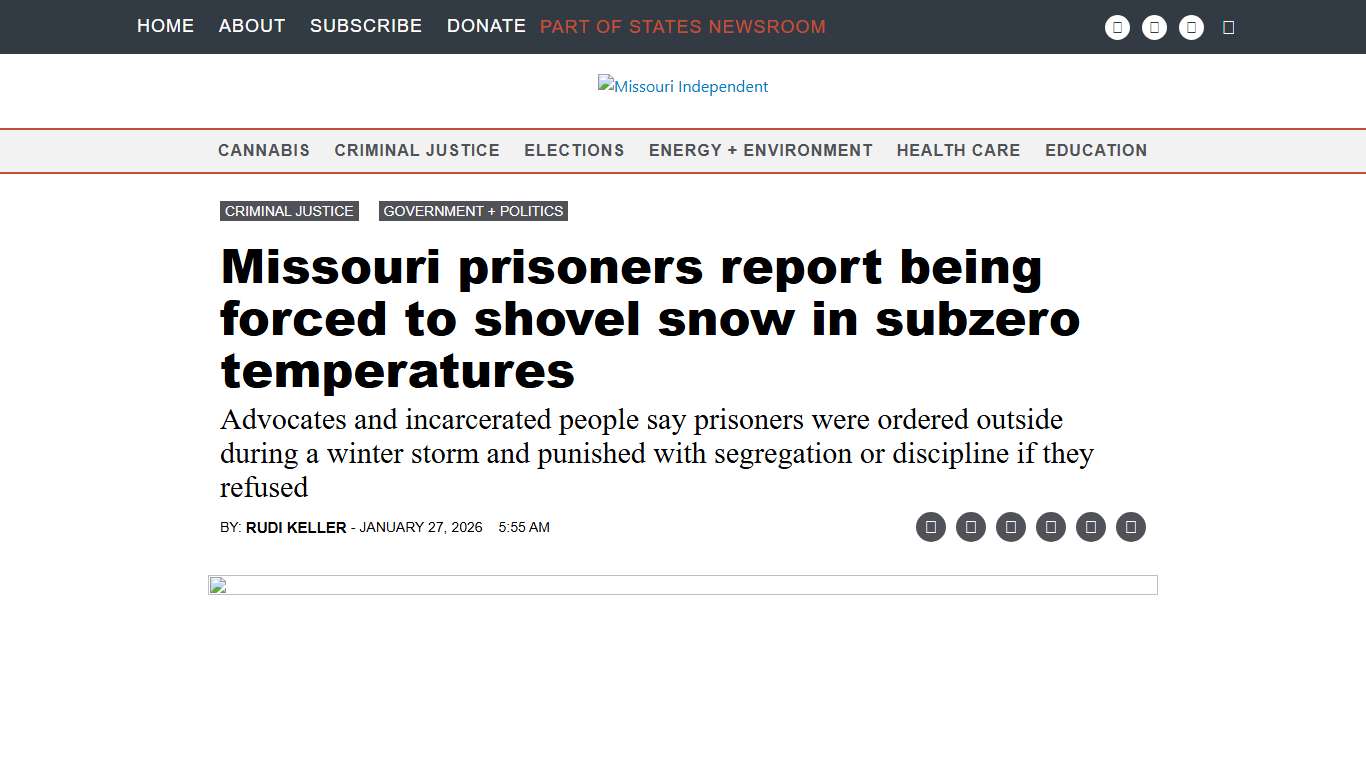 Missouri prisoners report being forced to shovel snow in subzero temperatures • Missouri Independent